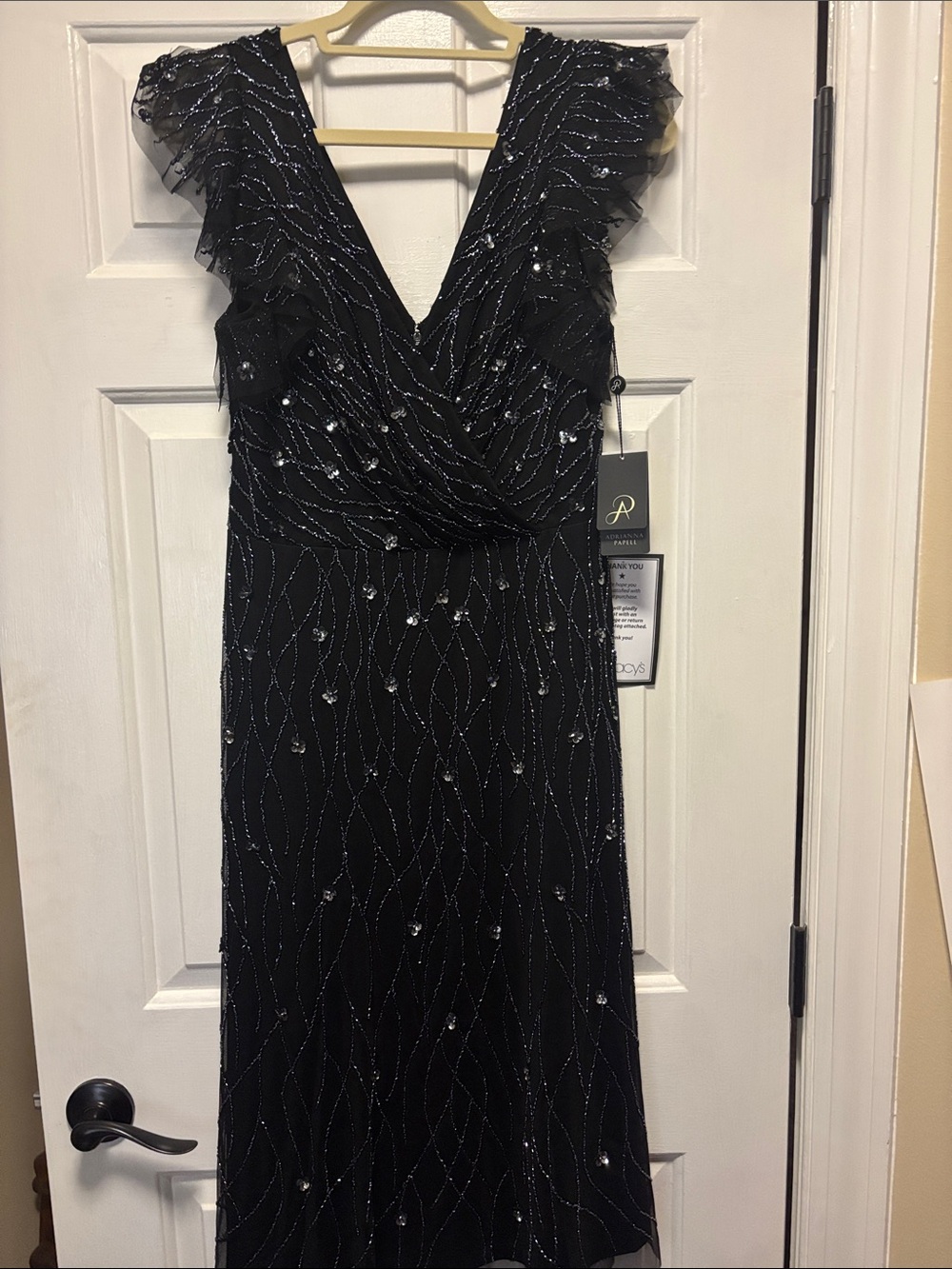 Adrianna Papell Black Beaded V-Neck Midi Dress